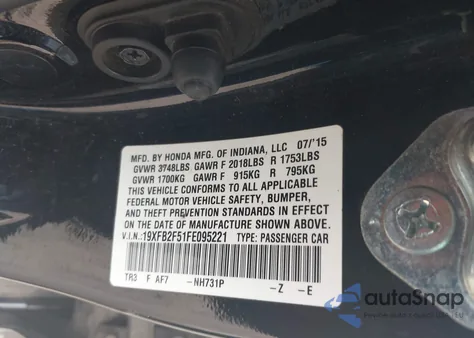 2015 Honda Civic Lx из США, поврежденный, VIN 19XFB2F51FE095221